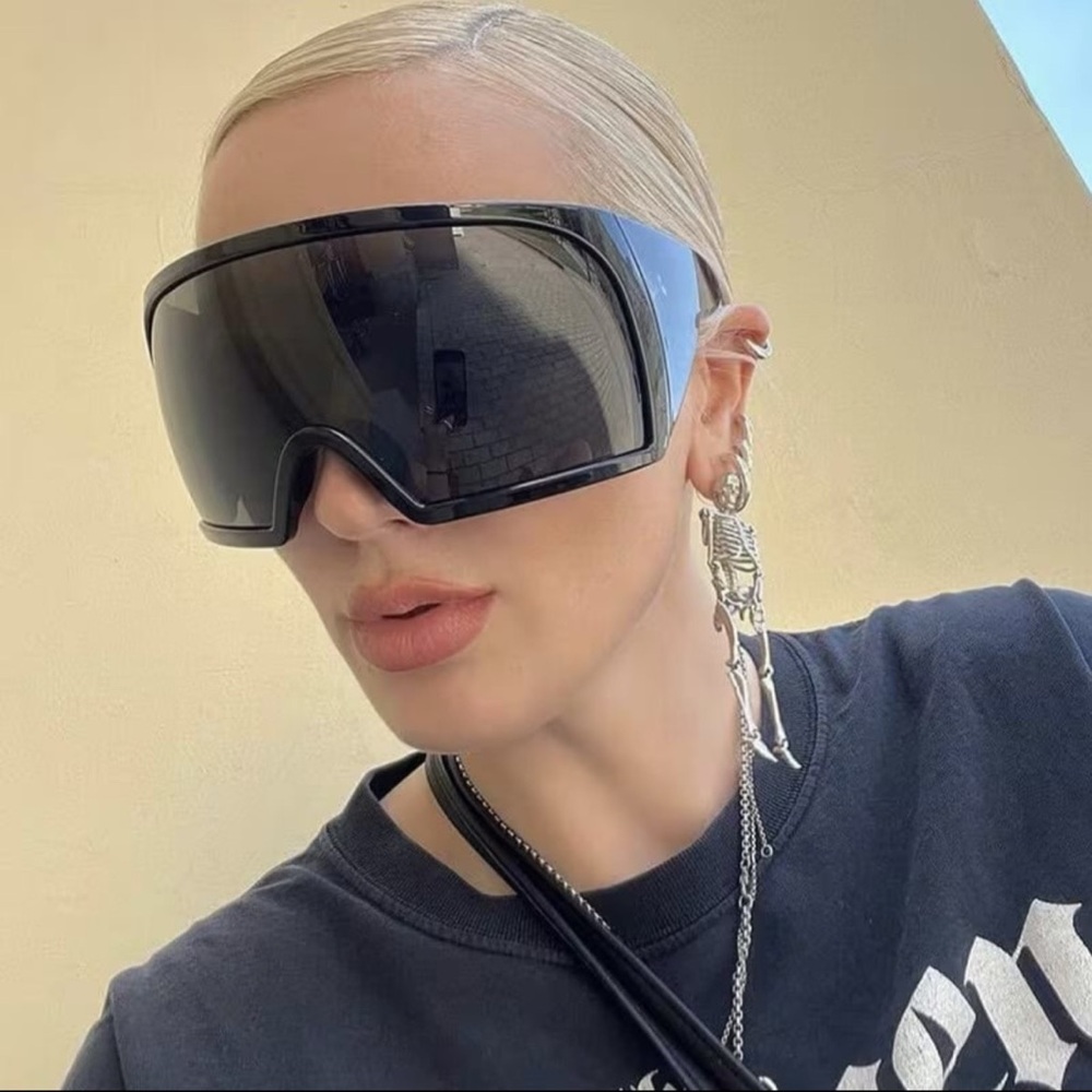 Oversized Black Shield Visor Sunglasses - Picture 2 of 9